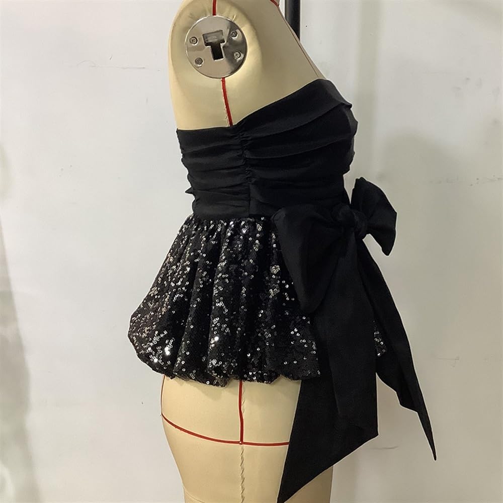 2024 Top Sexy Senza Spalline Da Donna Con Paillettes Con Volant Sull'orlo Estivo A Canotta Con Fiocco Carino Decorazione Party Club Camicetta Canotta