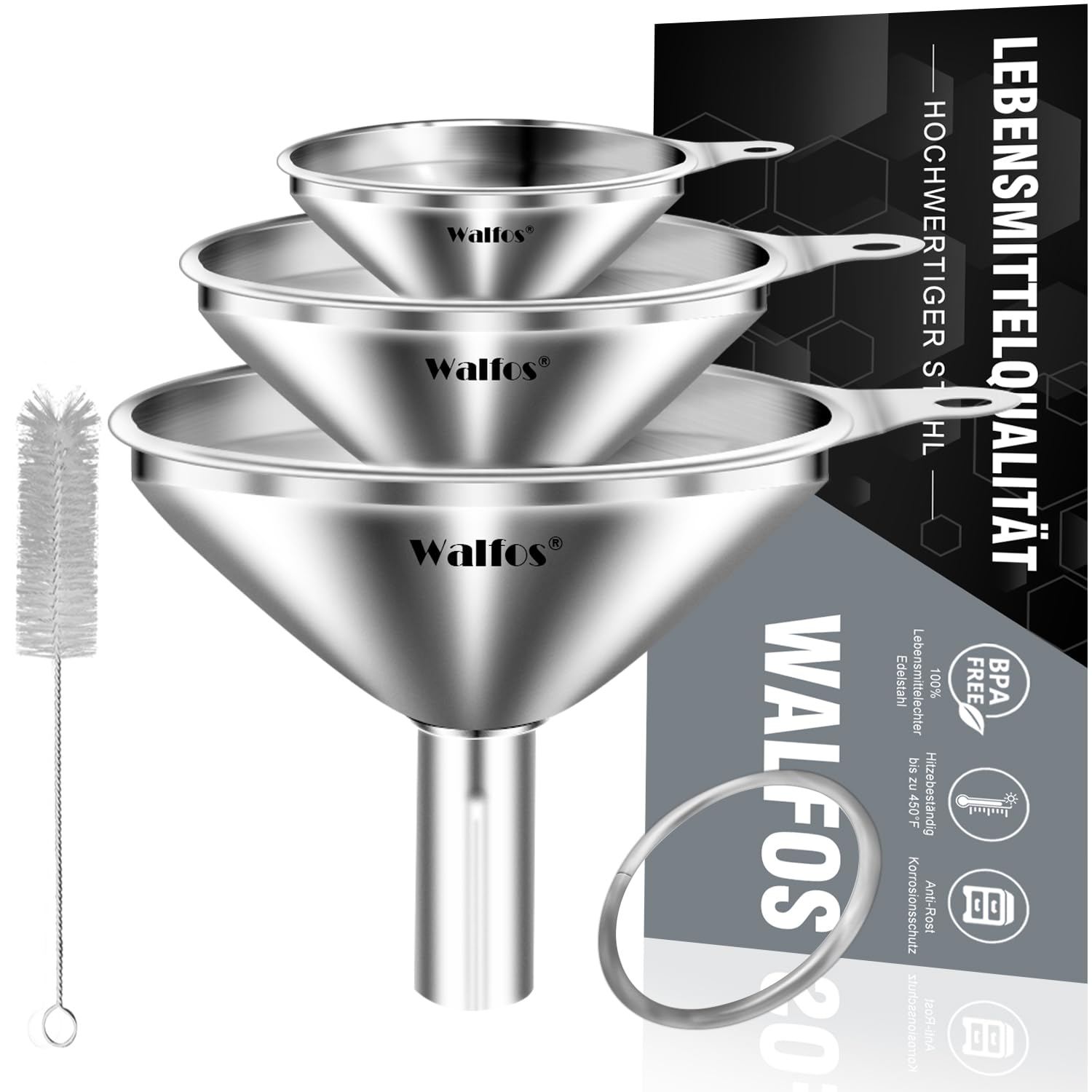 Walfos® Trichter Edelstahl, 3 Stück Trichter Klein Mit Einem Pinsel, Mini Trichter Küche Geeignet Zum UmfüLlen Von FlüSsigkeiten Und Pulvern, Langlebig Und SpüLmaschinenfest