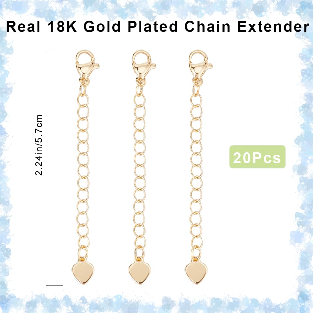 CREATCABIN 20 Pz 18K Ottone Placcato Oro Prolunga Catena Prolunga Collana Maglie Catena Coda Estensione Rimovibile con Chiusure Artiglio Piccolo Ciondolo Cuore per Bracciale Cavigliera Creazione 5.7cm