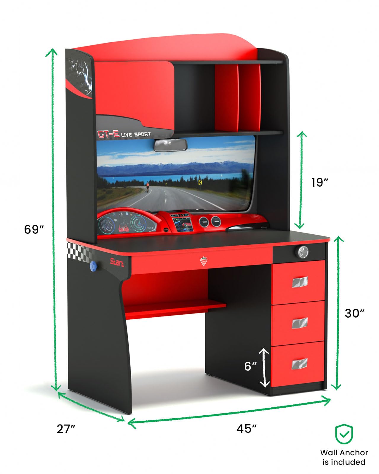 Amazon.com: Cilek GTS EV Study Desk and Hutch with Cabinet EV Car