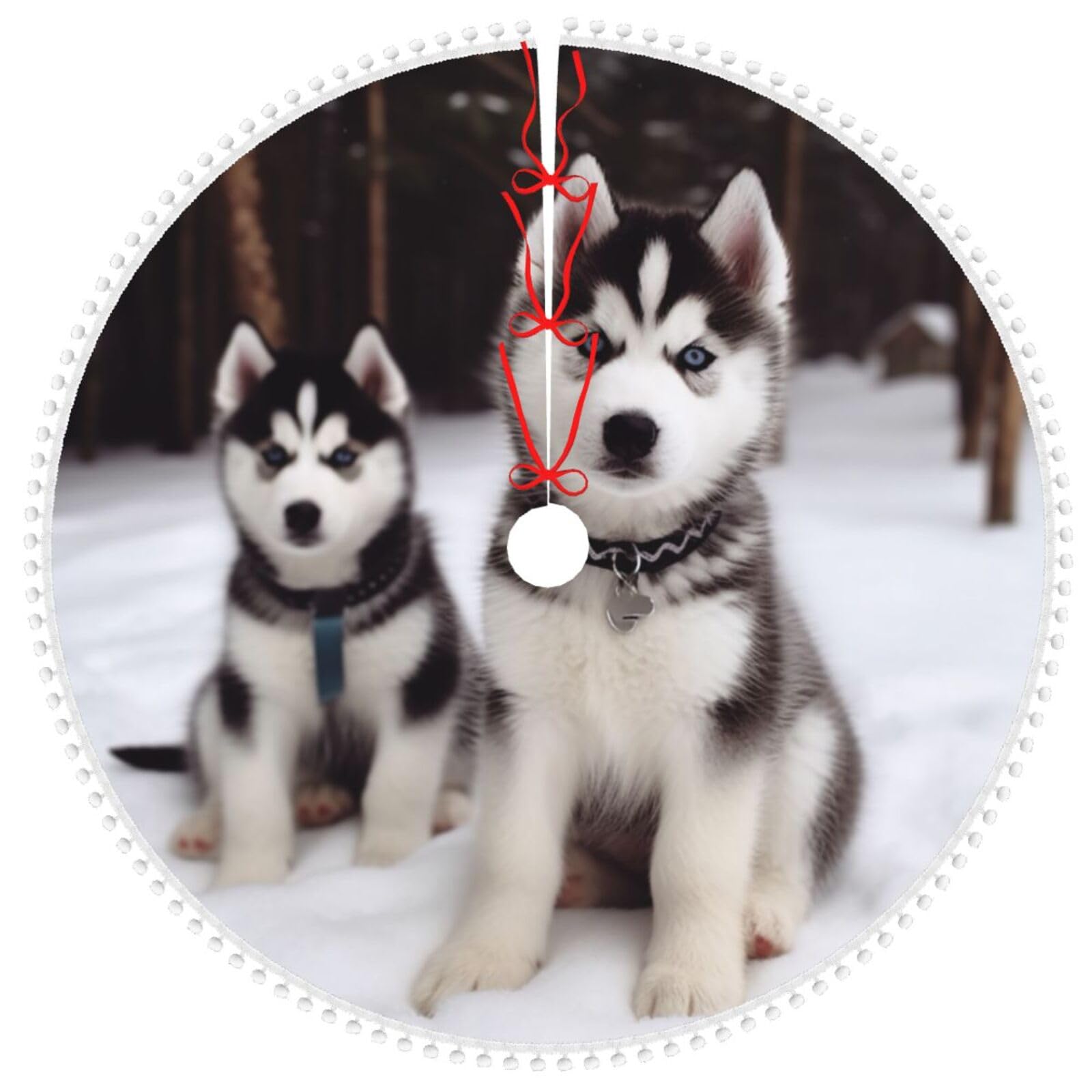 Jupe de sapin de Noël Huskies 122 cm avec élégante bordure à pompons