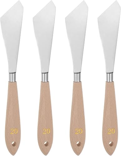 4pcs No.20 Paleta Cuchillos 1.260 in Ancho Acero Inoxidable Gran Inclinación Espátula Pintura Cuchillo de Paleta con Mango de Madera para Óleo