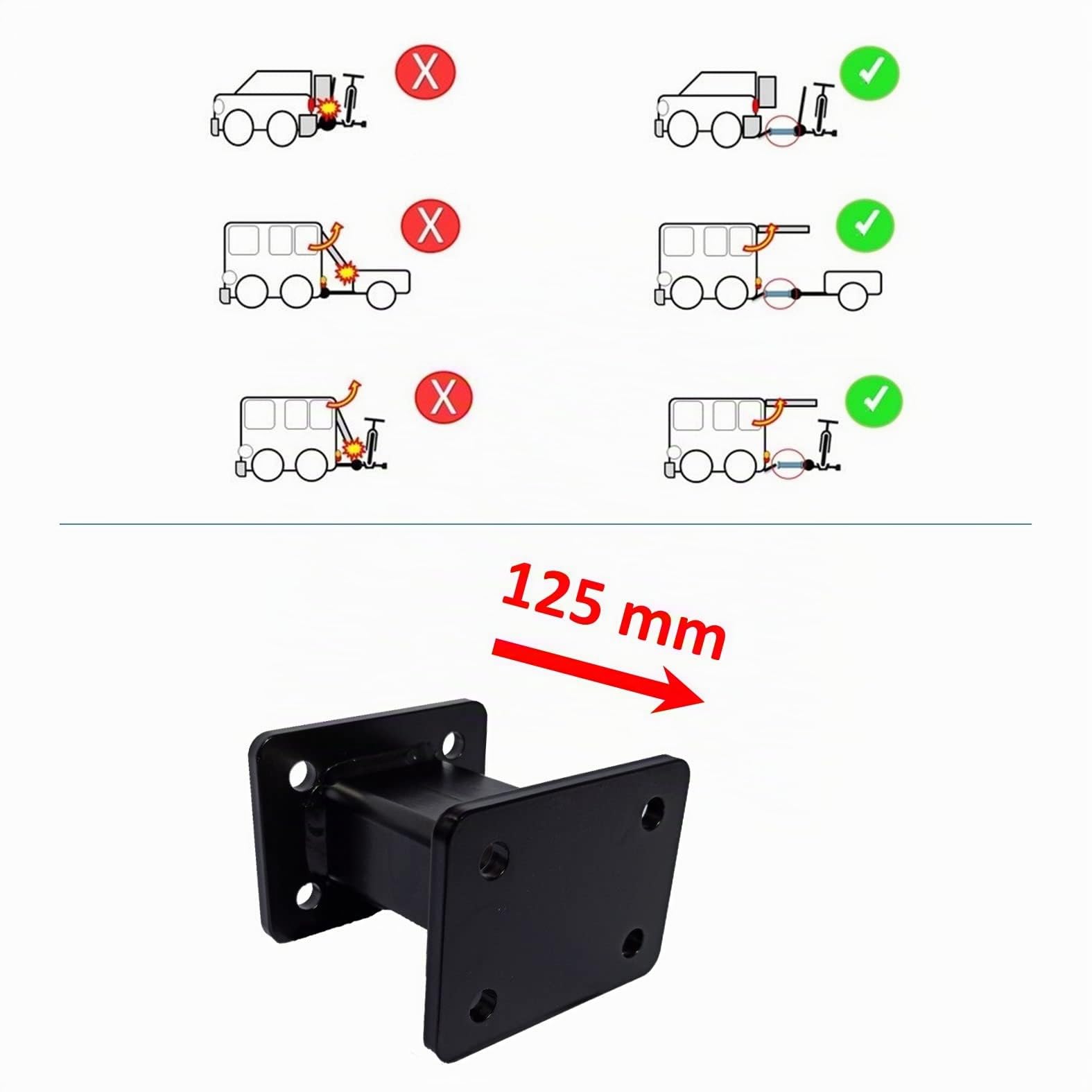 Rallonge universelle pour boule à bride AHK à 4 trous avec espacement des trous 83 mm x 56 mm (125 mm)