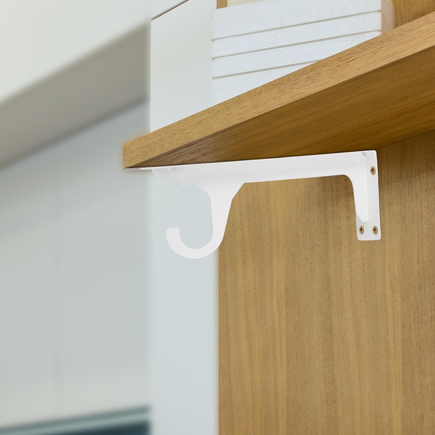 NUOBESTY Heavy Duty Wall Mount Rod Holder and Closet Rod Support Bracket with Hook, 12-inch White Iron Shelf Support for Bedroom and Wardrobe Storage, 2pcs Set