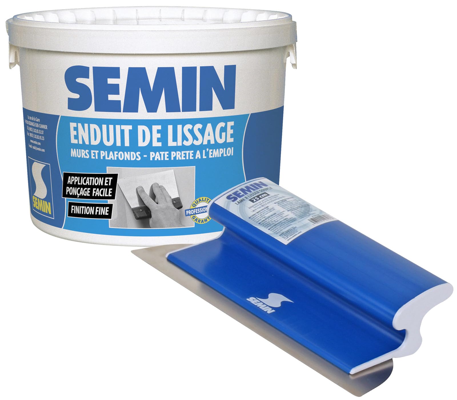 Semin A05267 Enduit de Lissage en Pâte pour Murs et Plafonds, Intérieur, Seau de 4 kg et A06319 Lame CE 78 pour Enduire et Lisser, 25 cm