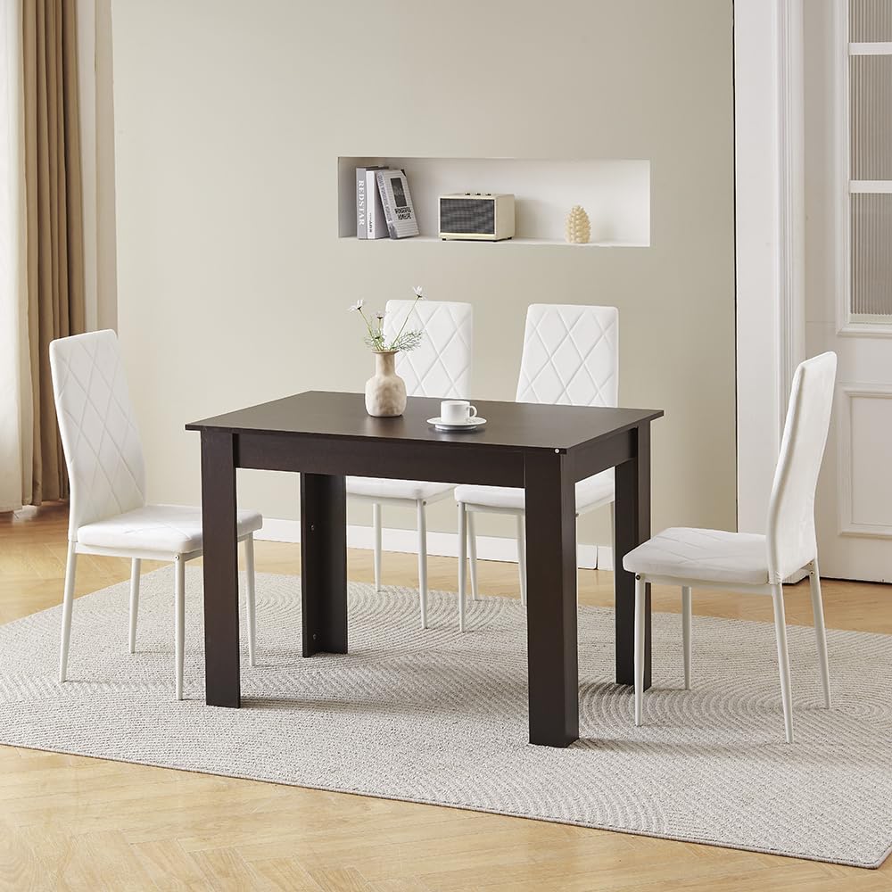 Homullel 110cm Dining Table and 4 Chairs, 4 Seater Kitchen Table and Chairs Set for Space Saving, Dining Room Set for 4, Black (4 Seaters, Flannel White #2)