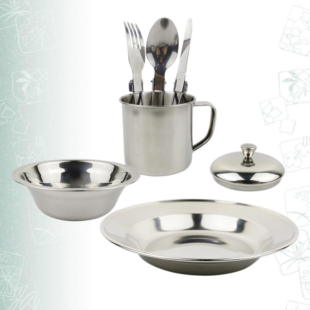 Portable Stainless Steel Cookware Set for Camping and Picnic, 1-2 Person Compact Lightweight Mess Kit with Smooth Edge and No Hand Injury Design, Sturdy Silver Outdoor Cooking
