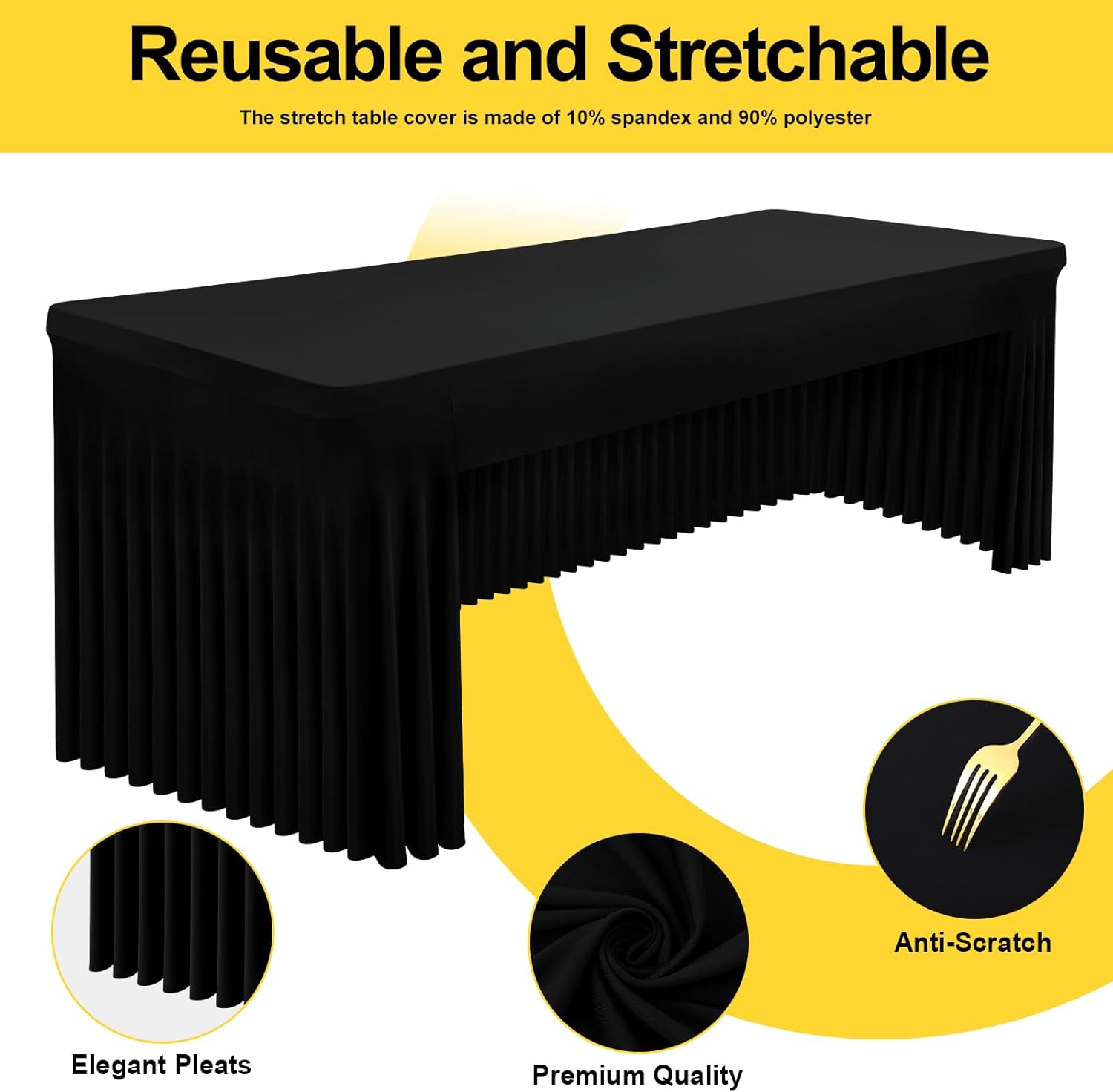 Smiry 2 Pack Spandex Open Back Tablecloth,Elastic Fitted Stretch Tablecloth for 6FT Rectangle Tables,Waterproof Washable Table Cover Skirt for Wedding, Banquet & Parties (Black, 72Lx30Wx30H Inch)