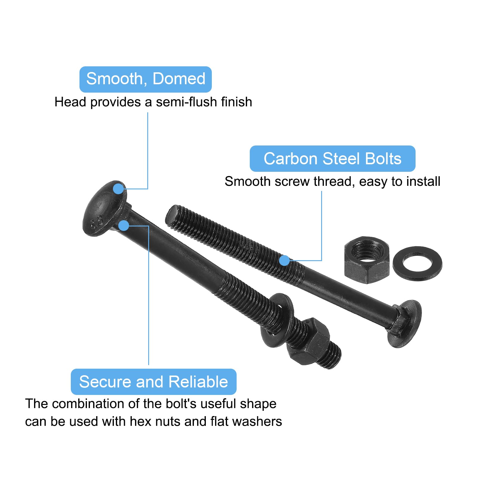 sourcing map Kit di 25 viti a testa tonda con collo quadrato, M6 x 50 mm, set di viti con rondelle e dadi, in acciaio al carbonio ossido nero per accessori di fissaggio