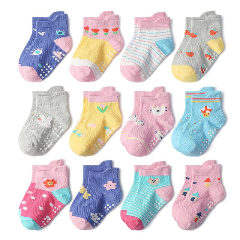 Non-Slip Cartoon Kids Socks for Girls – Breathabl &Grip Design to Prevent Slipping, Perfect for Toddlers and Young Girls (10X,KB174)