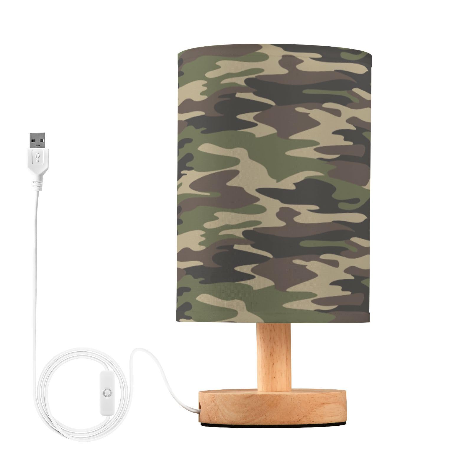 xigua Camo Bedside Table Lamp, Nightstand Lamp with Linen Fabric Shade, Wooden LED Desk Lamps for Bedrooms Study Room, Home