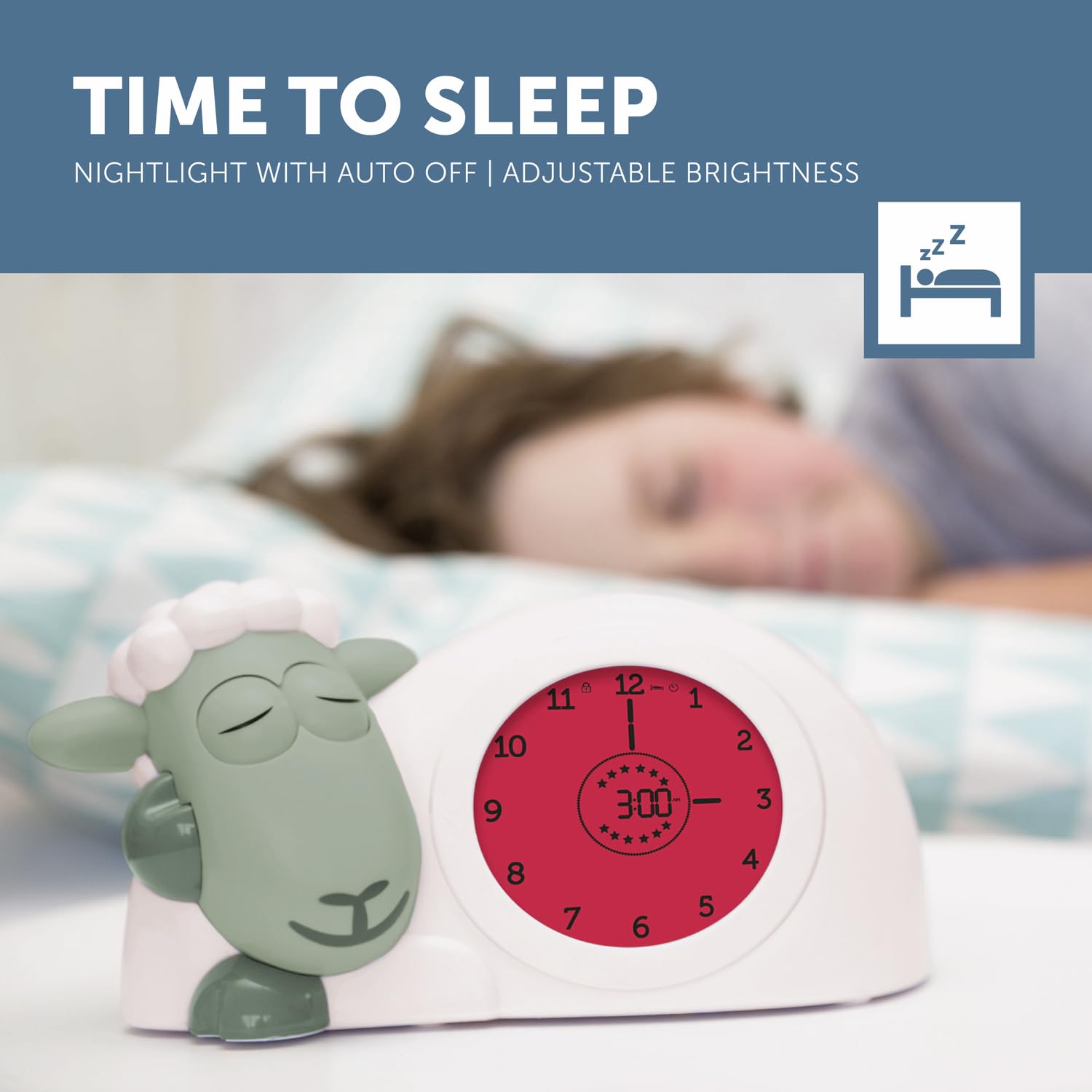 ZAZU Orologio Sam The Lamb – Orologio da letto e luce notturna per bambini | Insegna al tuo bambino con indicatori visivi quando svegliarsi | Luminosità regolabile | Spegnimento automatico (Sage)