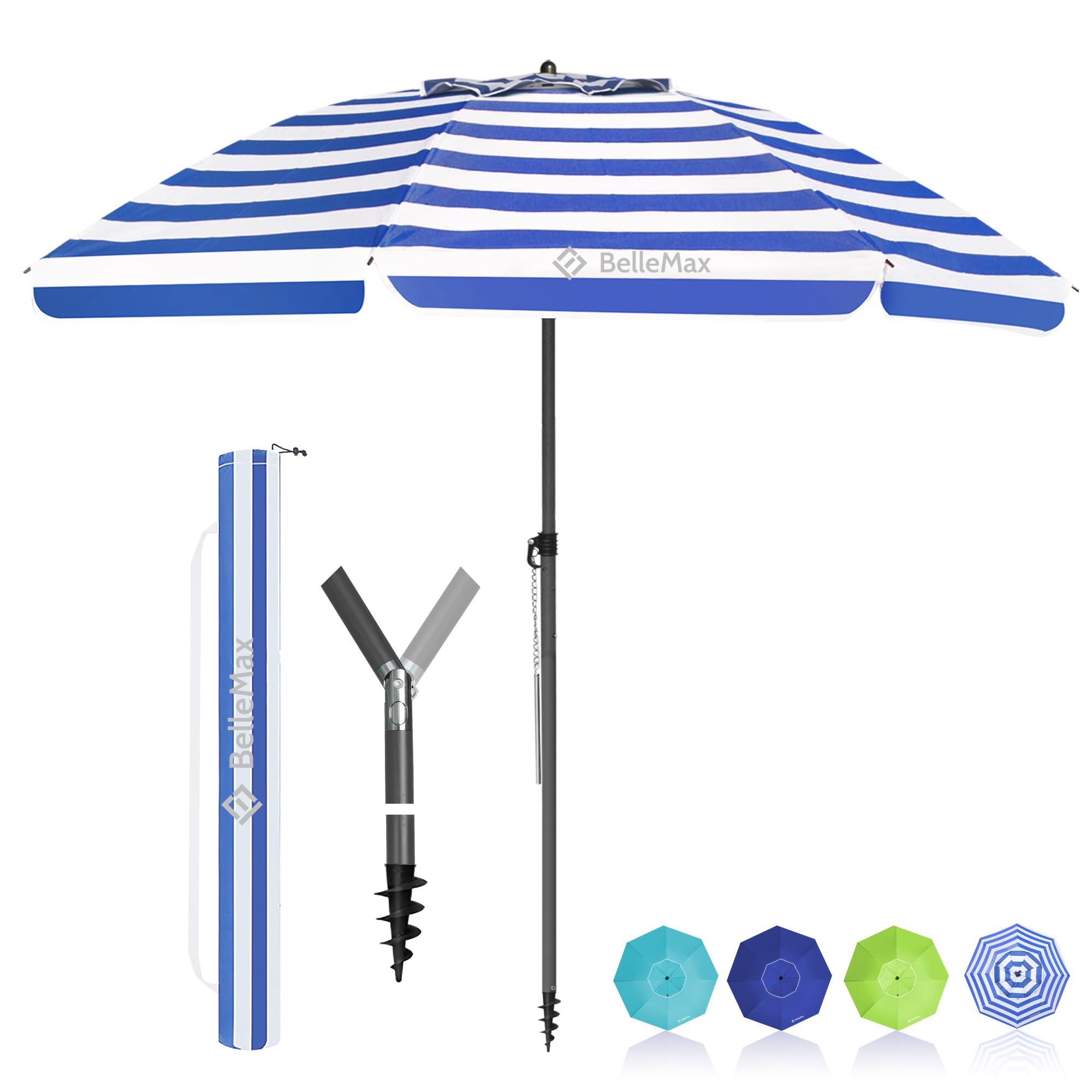 BelleMax Sonnenschirm Strand Windfest Stabil mit Bodenhülse & Schutzhülle 30° knickbar Sonnenschirm klein Rund Strandschirm Gartenschirm Marktschirm Sonnenschutz UV50 Blaue weiße 180cm