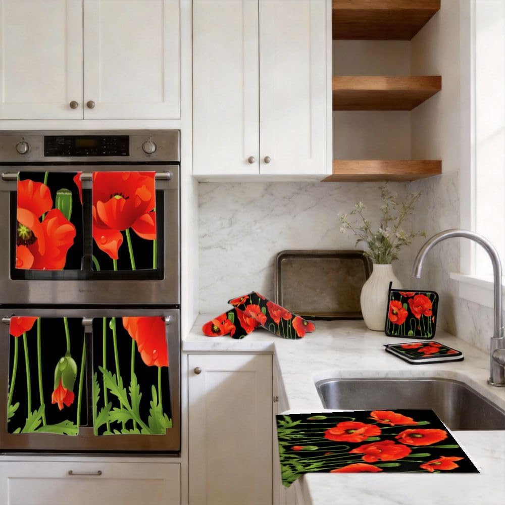 9PCS Bella Red Poppies4 Cucina Decor e Accessori Set