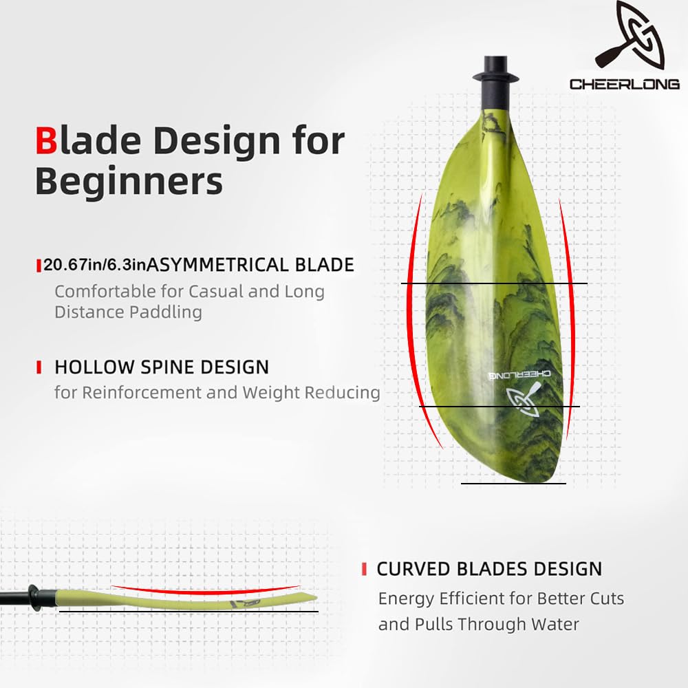 CHEERLONG Kayak Paddle - Fiberglass Shaft with Reinforced Polycarbonate Paddle - Beautiful and Lightweight, Adjustable Canoe Paddle, Mountain-Green Paddle, More Beautiful - Perfect for Play