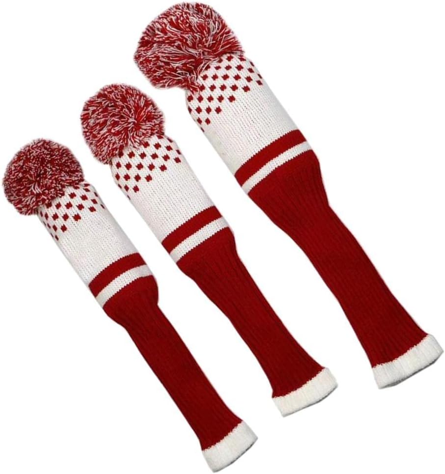 Knitted Golf Club Head Covers Driver with Pom Poms - Set of 3 Stylish Knit Covers for Woods and Putter - s Clubs from Scratches and Dings - Perfect Golf Accessories for Traveling - White Red