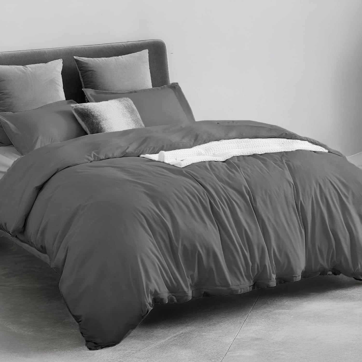 LINENWALAS Set copripiumino per letto matrimoniale, 100% cotone egiziano, 400 fili, con chiusura a cerniera e lacci agli angoli (200 x 200 cm, grigio)