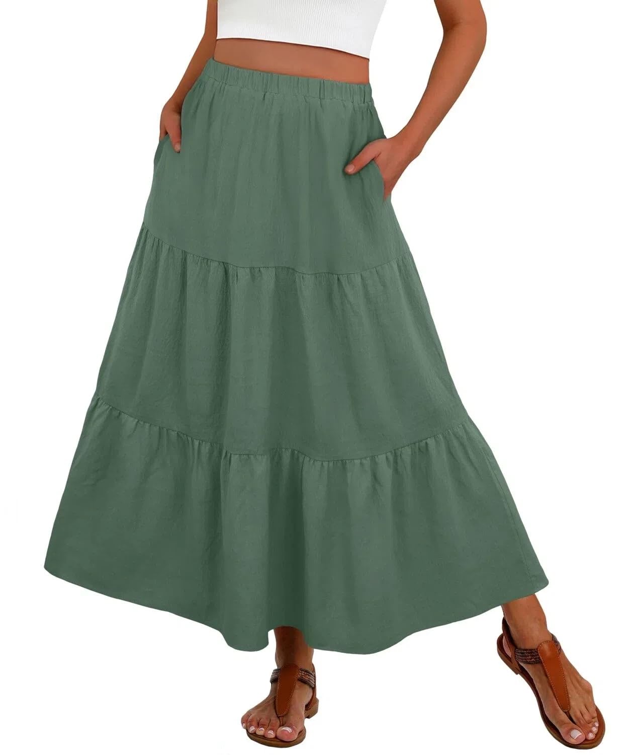 PrinStory Rock Damen Sommer Lang Boho Röcke A Linie Maxirock Mit Tasche Maxi Skirt Freizeitrock Luftig Strandkleider