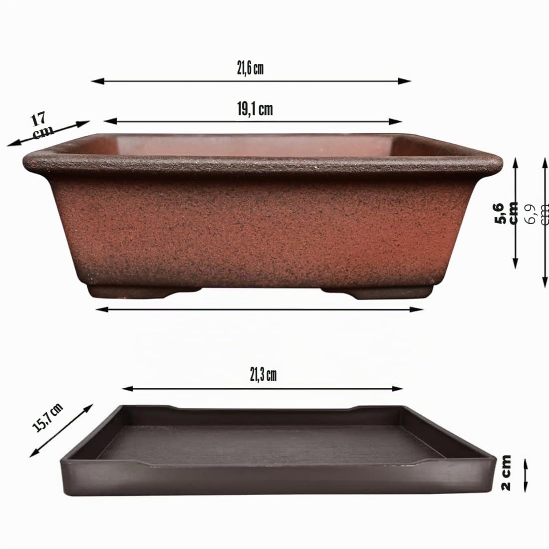 MUZHI Vaso decorativo in ceramica per bonsai, 21 cm, con vassoio, traspirante, non smaltato, rettangolare, in terracotta, per albero di piante grasse, cactus, per interni ed esterni, rosso marrone