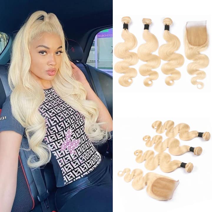 Carina Hair 613 Honey Blonde Bundles with Closure 100% Brazilian Virgin  Straight Human Hair Bundles with 4×4 Lace Closure Remy Hair Weft Platinum