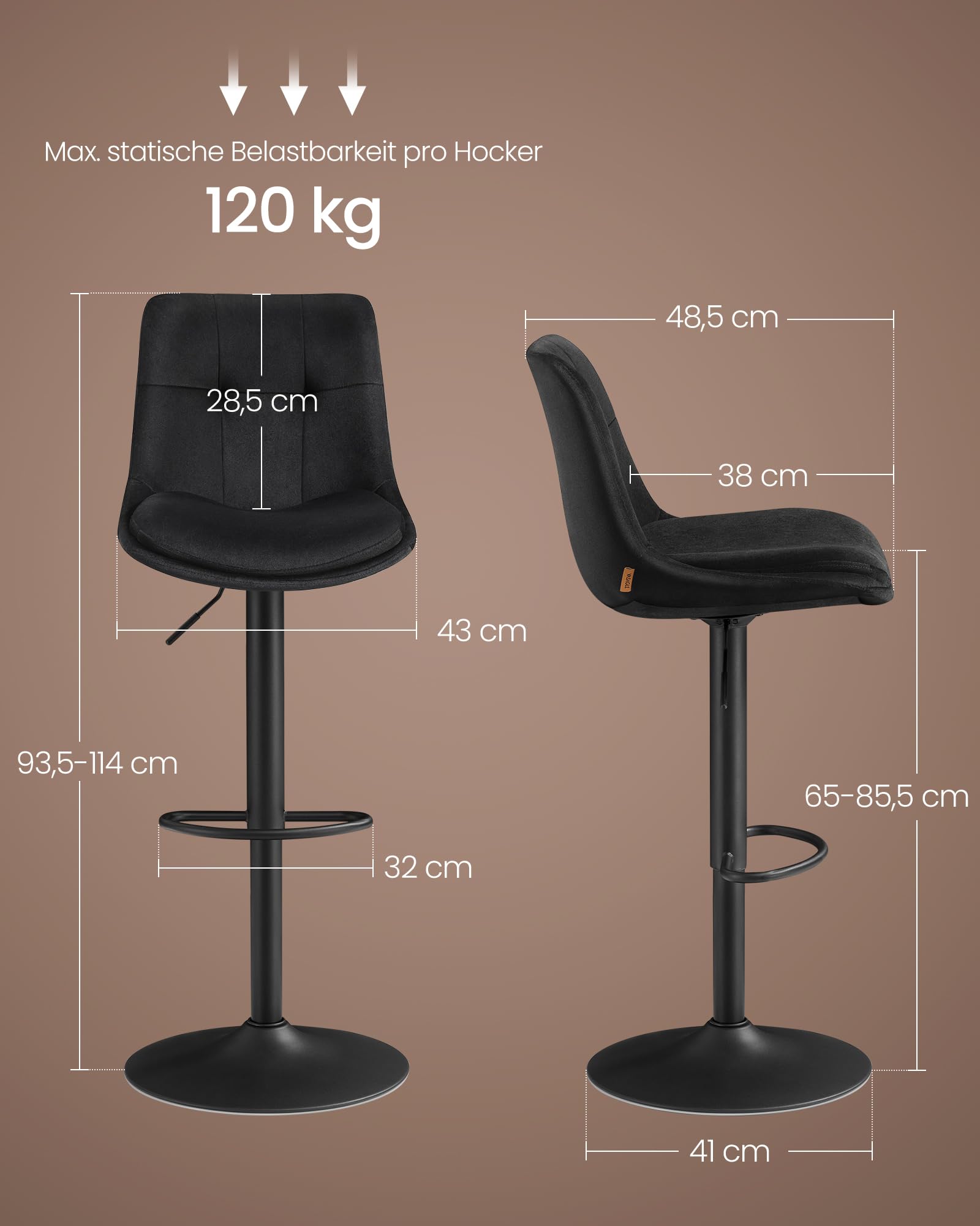 VASAGLE Barhocker 2er Set, Barstühle höhenverstellbar, drehbare Küchenhocker, Samtbezug, mit Rückenlehne und Fußstütze, Esszimmer, Theke, tintenschwarz LJB198BH01