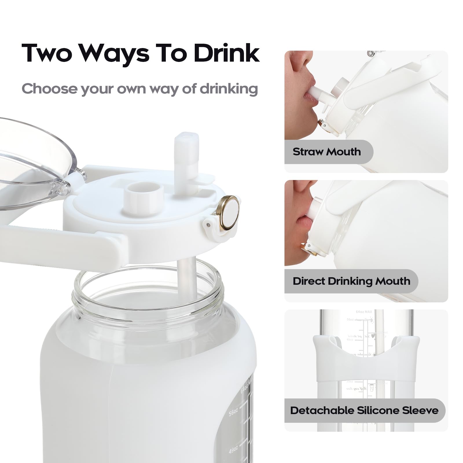 chunmo Grande bouteille d'eau de motivation en verre avec marqueur de temps avec manchon en silicone et couvercle à poignée - 2,2 l - Pour le sport
