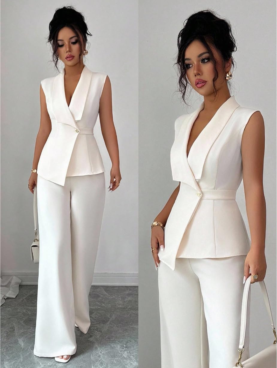 Completo Da Donna A Due Pezzi Elegante, Composto Da Gilet Senza Maniche con Scollo A V, Blazer Vita Alta E Pantaloni Gamba Larga, Set Coordinati Estivi Eleganti E Aderenti Per Lavoro, Uffic