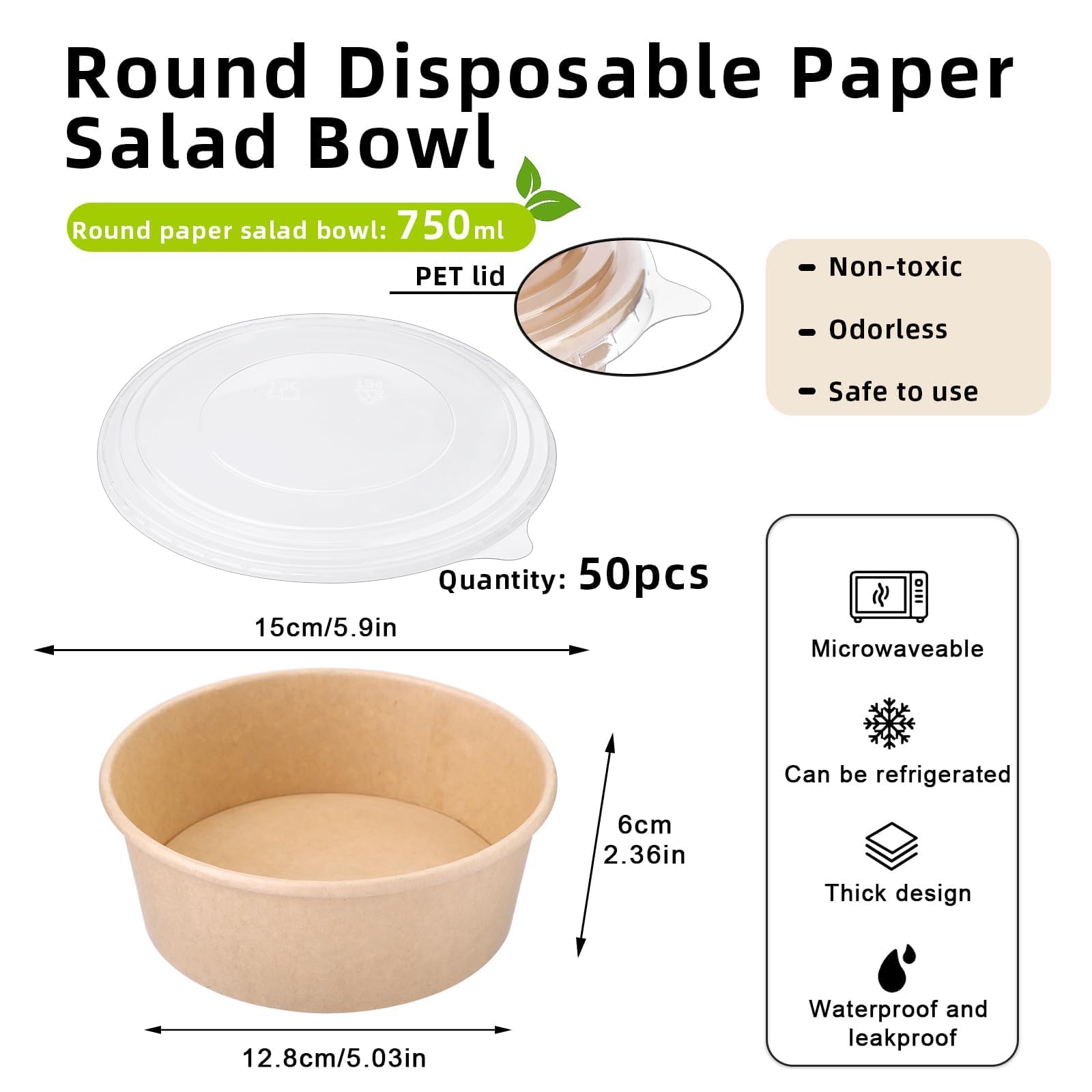 Paquete de 50 cuencos de papel de 25 onzas, recipientes desechables para alimentos con tapas, cuencos desechables, cuencos de ensalada desechables con tapas para ensalada dietética, helado