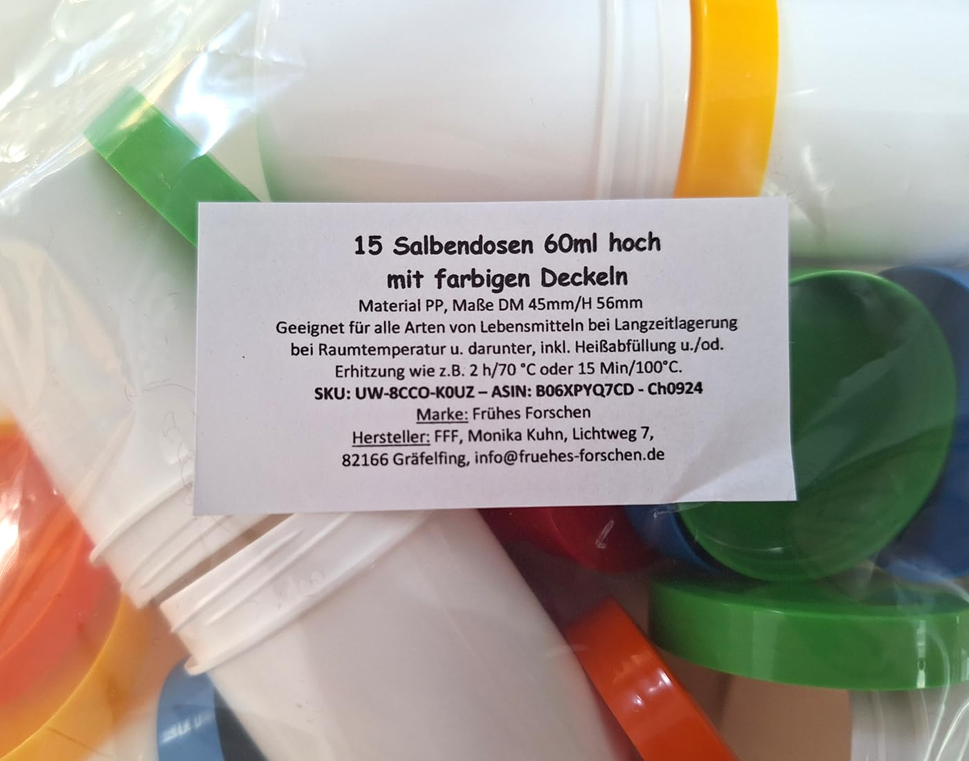 15 Salbendosen 60 ml hoch mit farbigen Deckeln