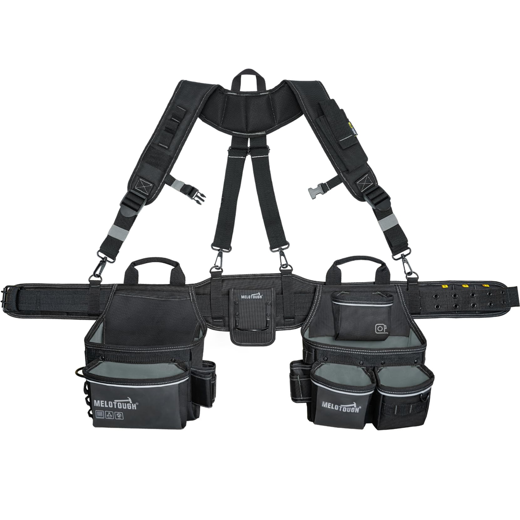 MELOTOUGH Cinturón de herramientas de carpintero con tirantes, organizador combinado profesional con bolsa de herramientas con tirantes con 27 bolsillos y trabillas para cintura de 84-127 cm para