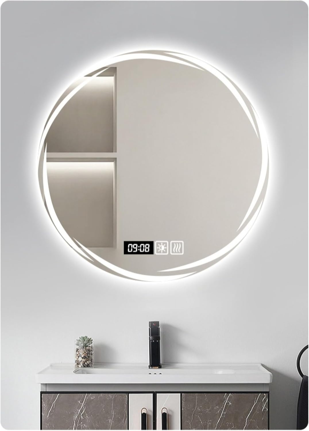 Neakarfer-円形LED壁掛け鏡は、浴室の洗面器、化粧鏡、浴室の鏡などのタッチスクリーントイレの曇り除去化粧鏡の誘導壁掛け式に