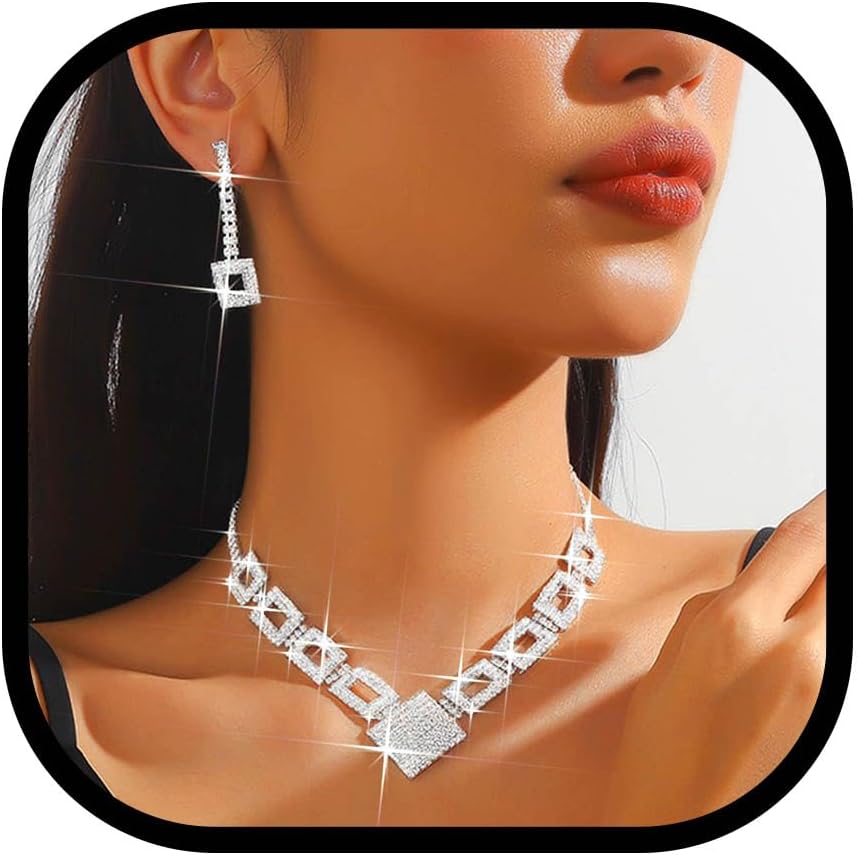 JEWEKY Rhinestone Necklace And Earring Jewelry Set Silver Sparkly Crystal Necklaces Wedding Prom Neck Chain for Women