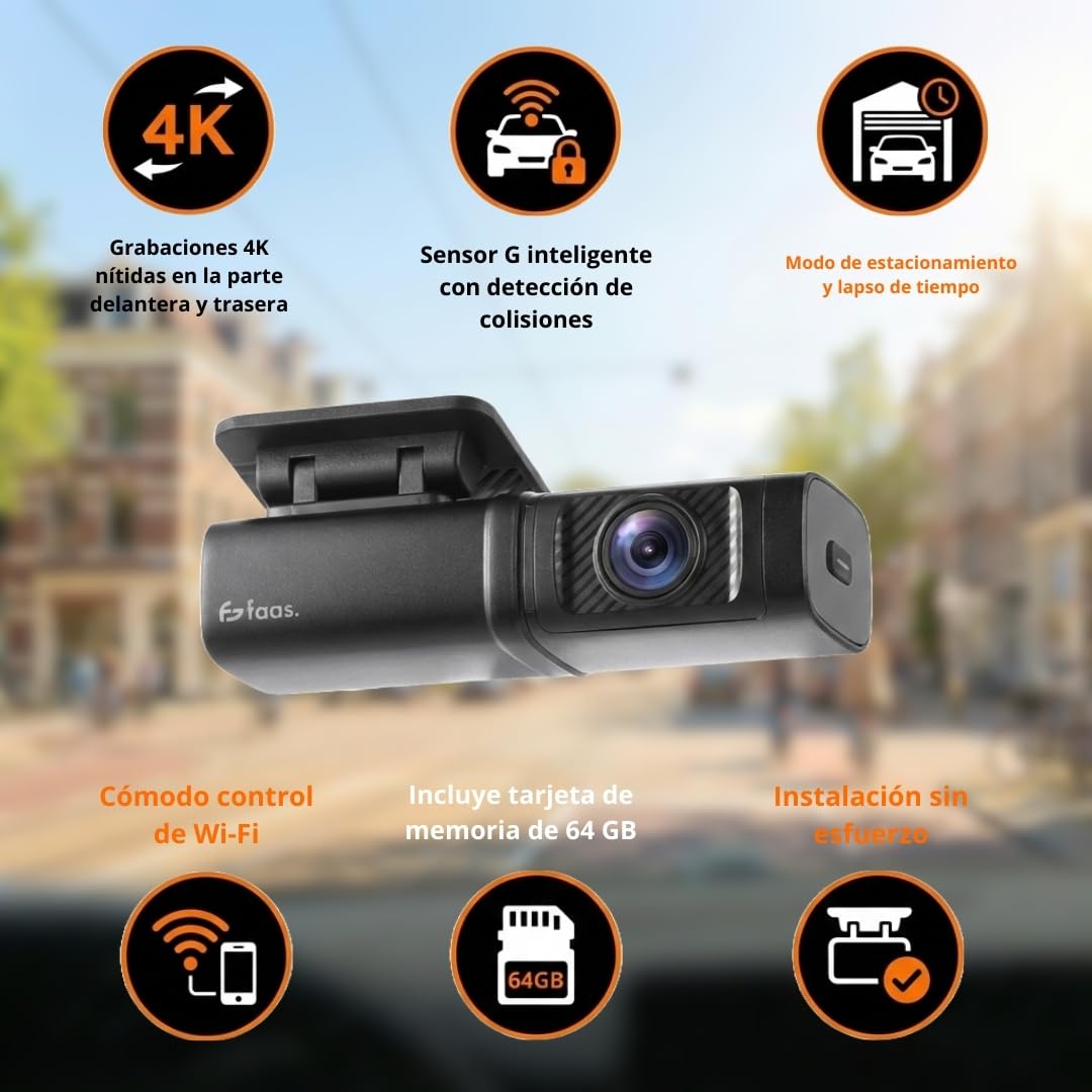 Faas S80 Dash CAM Coche 4K Delantera y Trasera – Cámara para Coche con Tarjeta 64GB Incluida, WiFi, Visión Nocturna, G-Sensor, Modo Parking & Gran Angular 160°