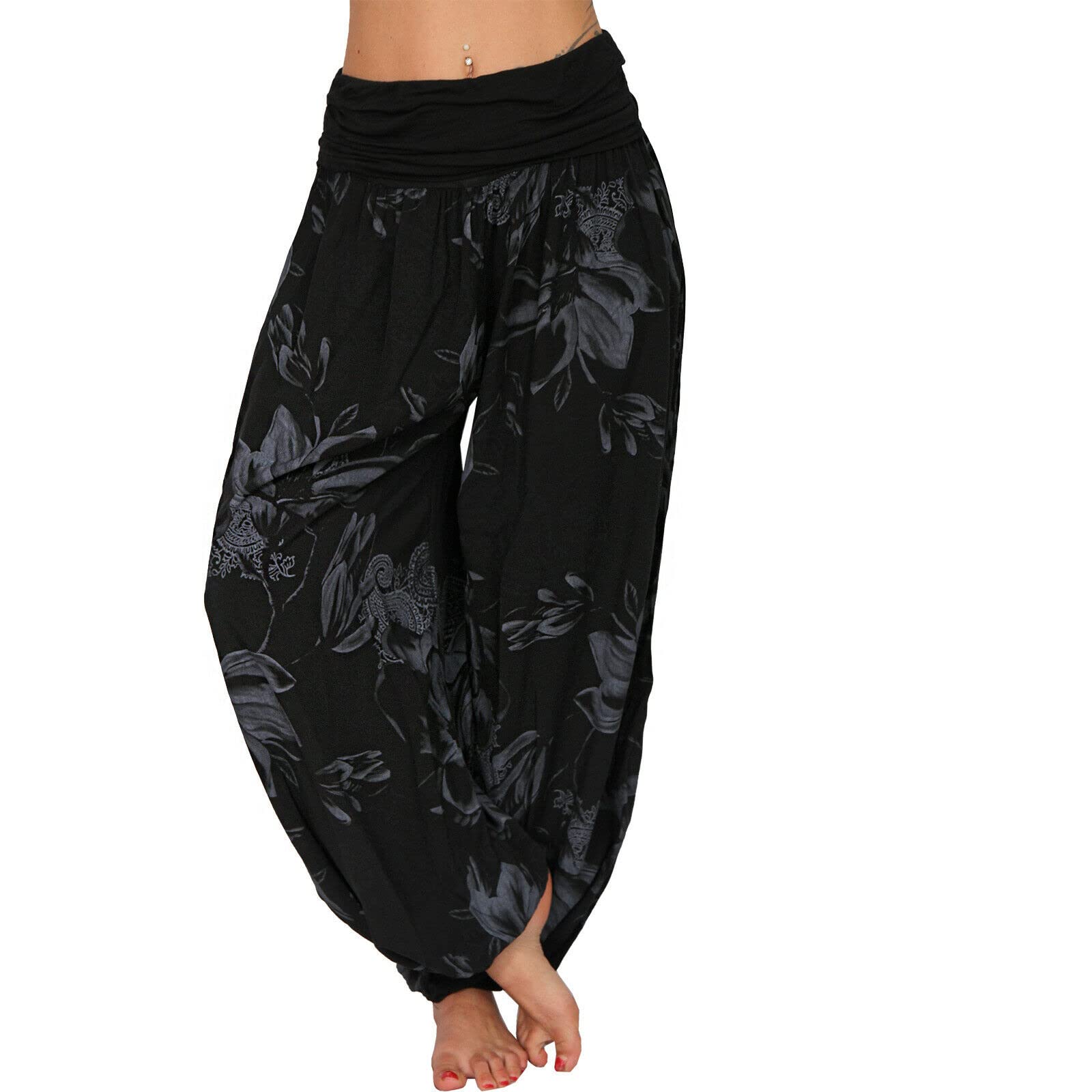 Womens Casual Floral Print Belted High Waist Wide Leg Pants Loose Beach Flowy Comfy Trousers Medium Black