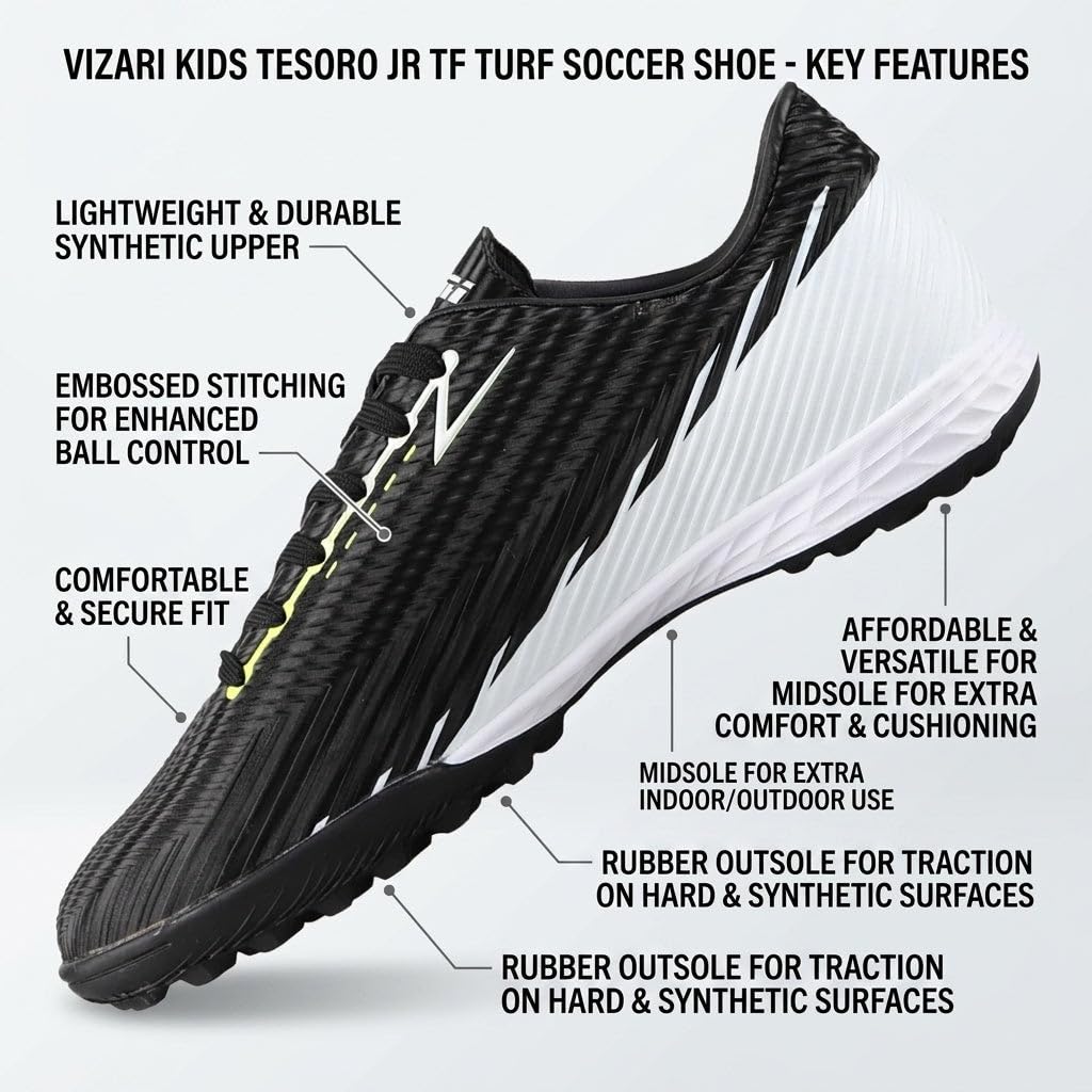 Vizari Tesoro Turf - Zapatos de fútbol para niños y niñas | Zapatos de fútbol para niños con suela de poliuretano duradera | Zapatos para niños lavables a máquina con parte superior sintética |