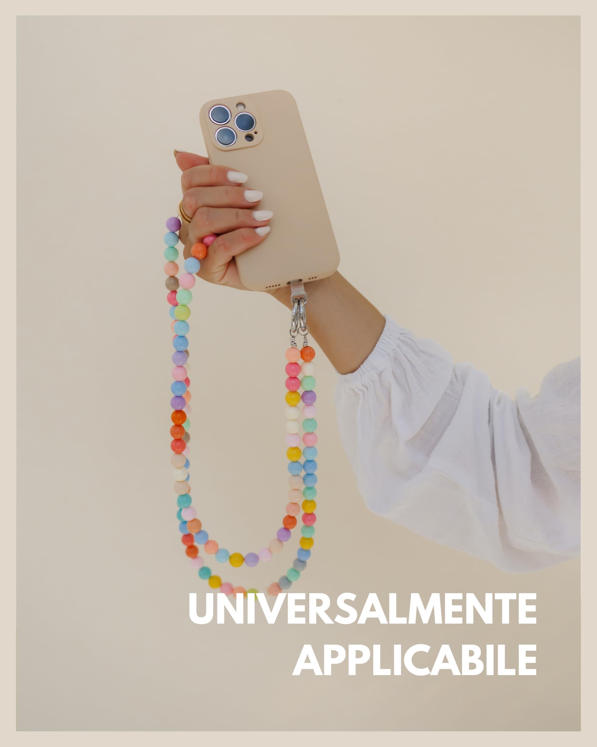 GD GOOD.designs Catena per cellulare con perline - Cinghia universale con patch per ogni custodia per cellulare | Cinghia per cellulare da indossare (lunghezza 130 cm)