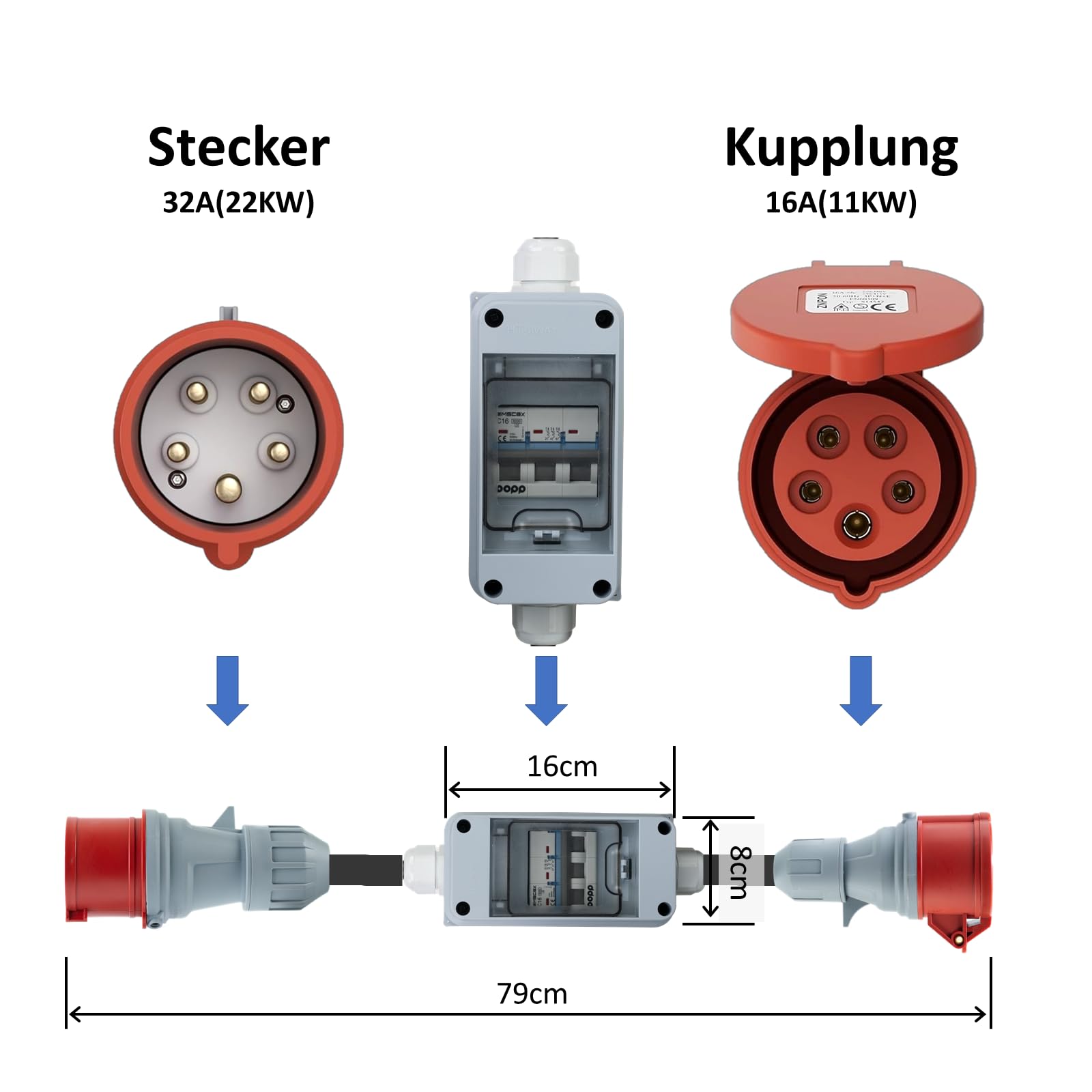 Adaptateur CEE 32A prise sur 16A prise femelle avec interrupteur LS, triphasé, 380-415V, 5 pôles, H07RN-F 5G 2,5mm² câble, IP44 étanche