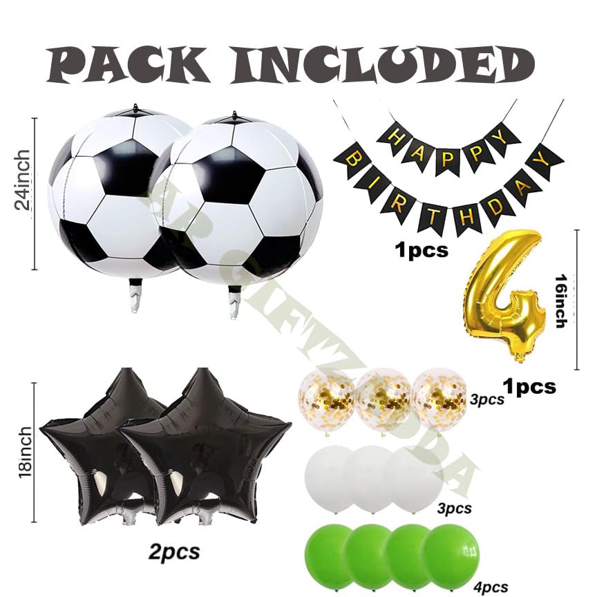 Image of AR GIFTZADDA 4D Football Black White Green Balloons for 4th Birthday, 24 Inch Soccer Foil Balloons Football Party Decorations for Boys Party World Cup Theme Party (4th Bday kit, Football Foil)
