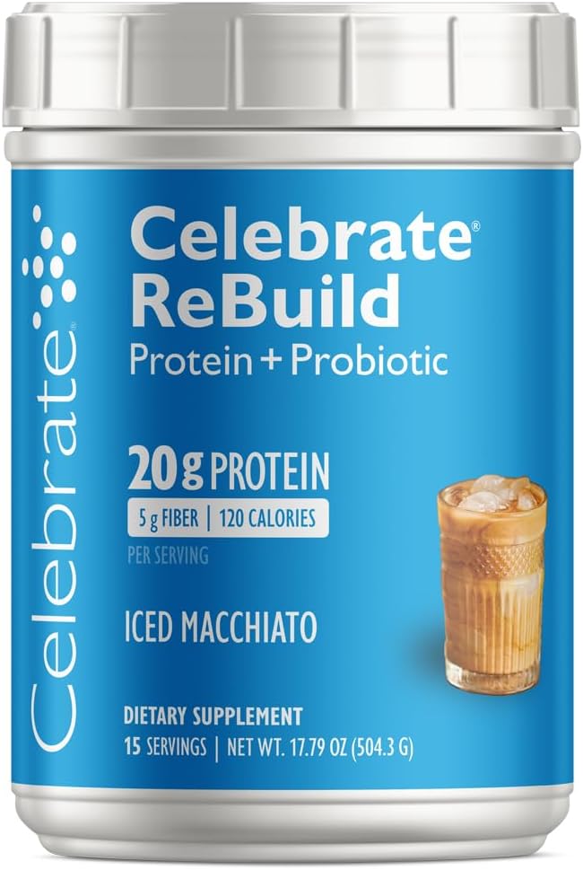 Celebrate Vitamins Rebuild Protein Powder with Probiotics & Prebiotics - 20g Whey Isolate Protein, High Fiber, for Post Bariatric Surgery Patients - Iced Macchiato (15 Servings)