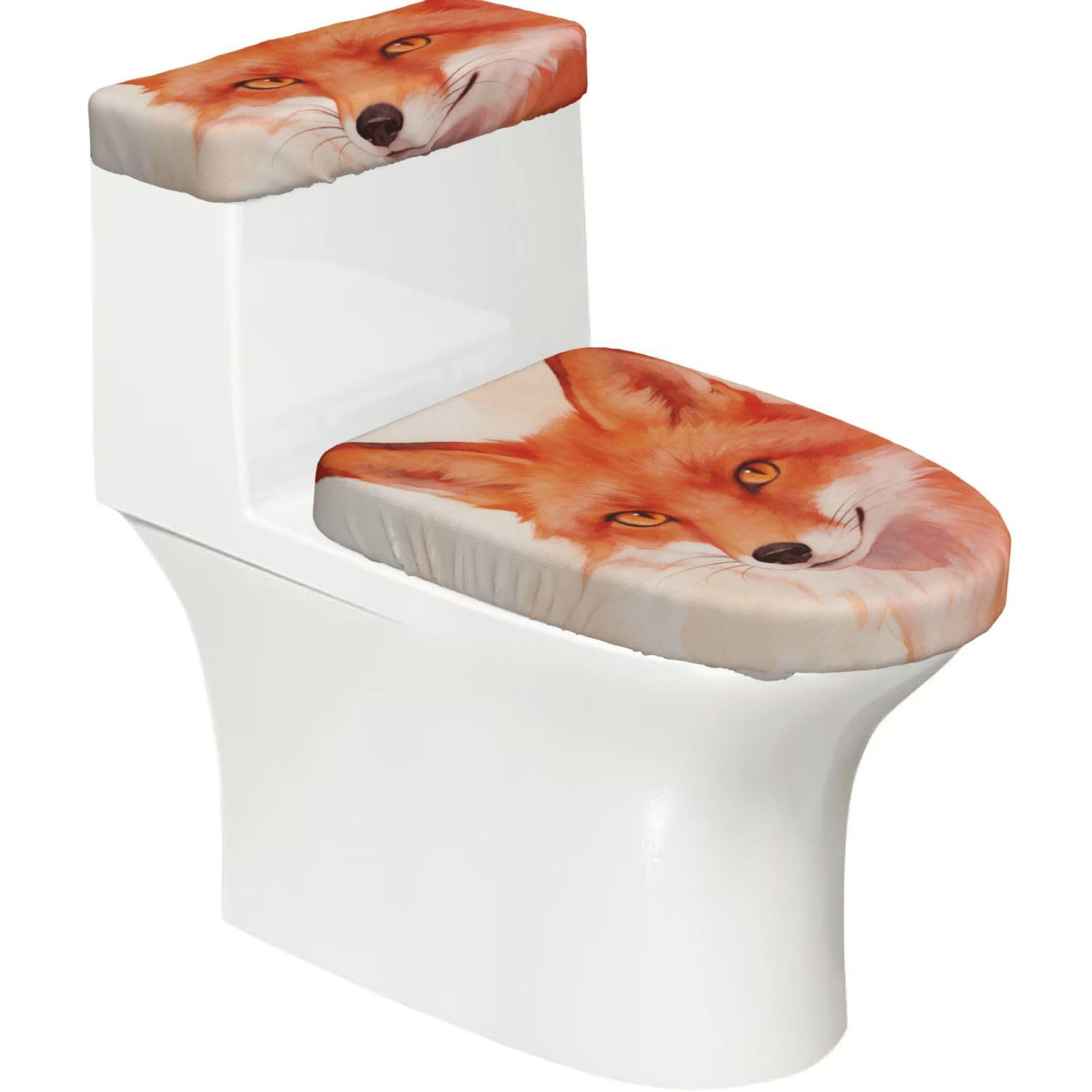 Fox Wash Art Elastic Toilet Cover Set of 2-Stretchy Lid and Tank Covers for Bathroom, Soft Washable U Shape Toilet Decor