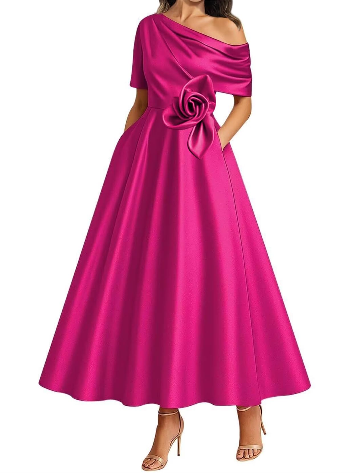 Wisiyle Women's Fuchsia 3D Flower Bridesmaid Dresses Cap Sleeve Prom Mother Of The Bride Dress One Shoulder Wedding Formal Gowns Wql008 Uk16