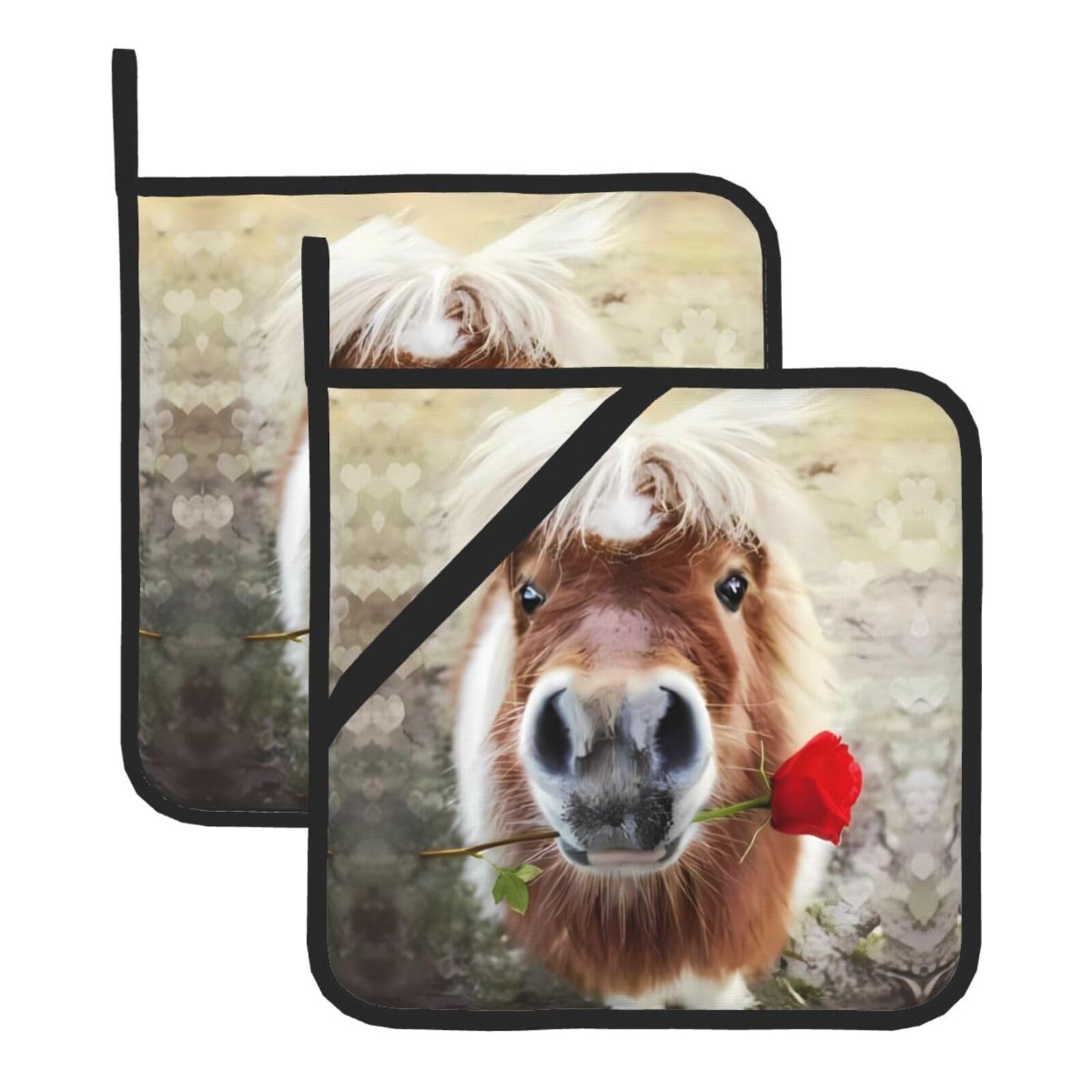 YYHWHJDE Horse and rose Prints Square Hot Pads for Kitchen Counter - Waterproof Pot Holders with Hanging Loop, Durable Trivets for Microwave Oven - 2 Pack