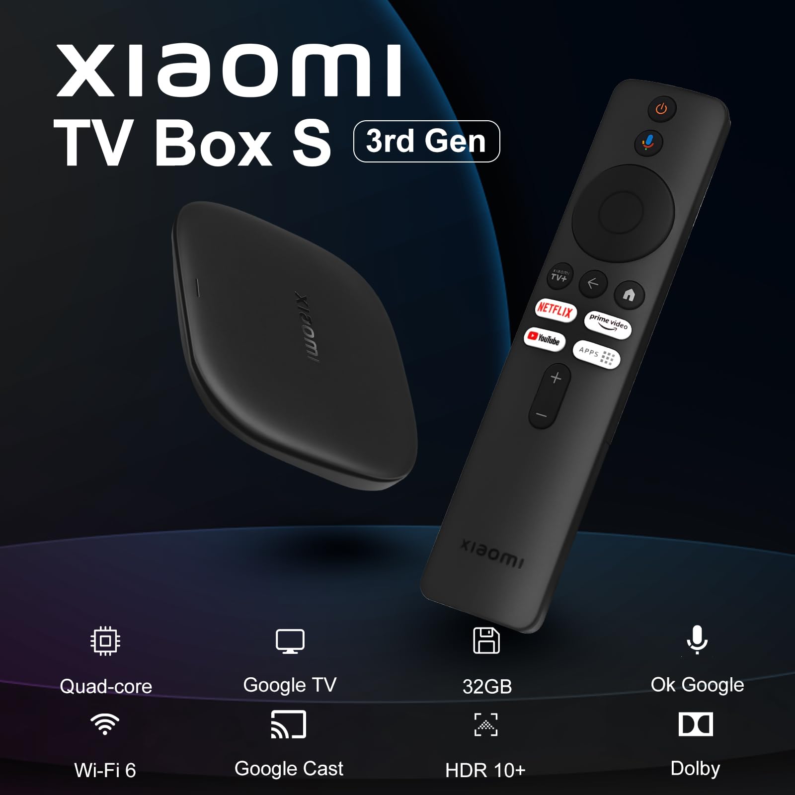 Xiaomi Mi TV Box S 3rd Gen, 2GB RAM + 32GB ROM, Wi-FI 6, Streaming 4K Ultra HD, Bluetooth, Soporta Google TV, Nero