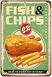 Fish and Chips Blechschild Kabeljau Kochöl Gericht Fast Food Frisch Lecker Restaurant Vintage Metall Blechschilder für Cafés Bars Pubs Laden Wanddekorativ Lustige Retro Schilder für Männer Frauen