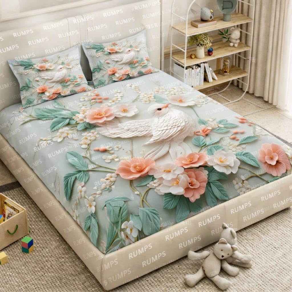 RUMPS 7D Digital Floral Printed King Size Flat Bedsheet (90x100 Inch) with 2 Jumbo Pillow Covers (18x28 Inch) | Soft & Breathable Luxury Cotton Feel Bedding Set for Double Bed (White Dove Design)