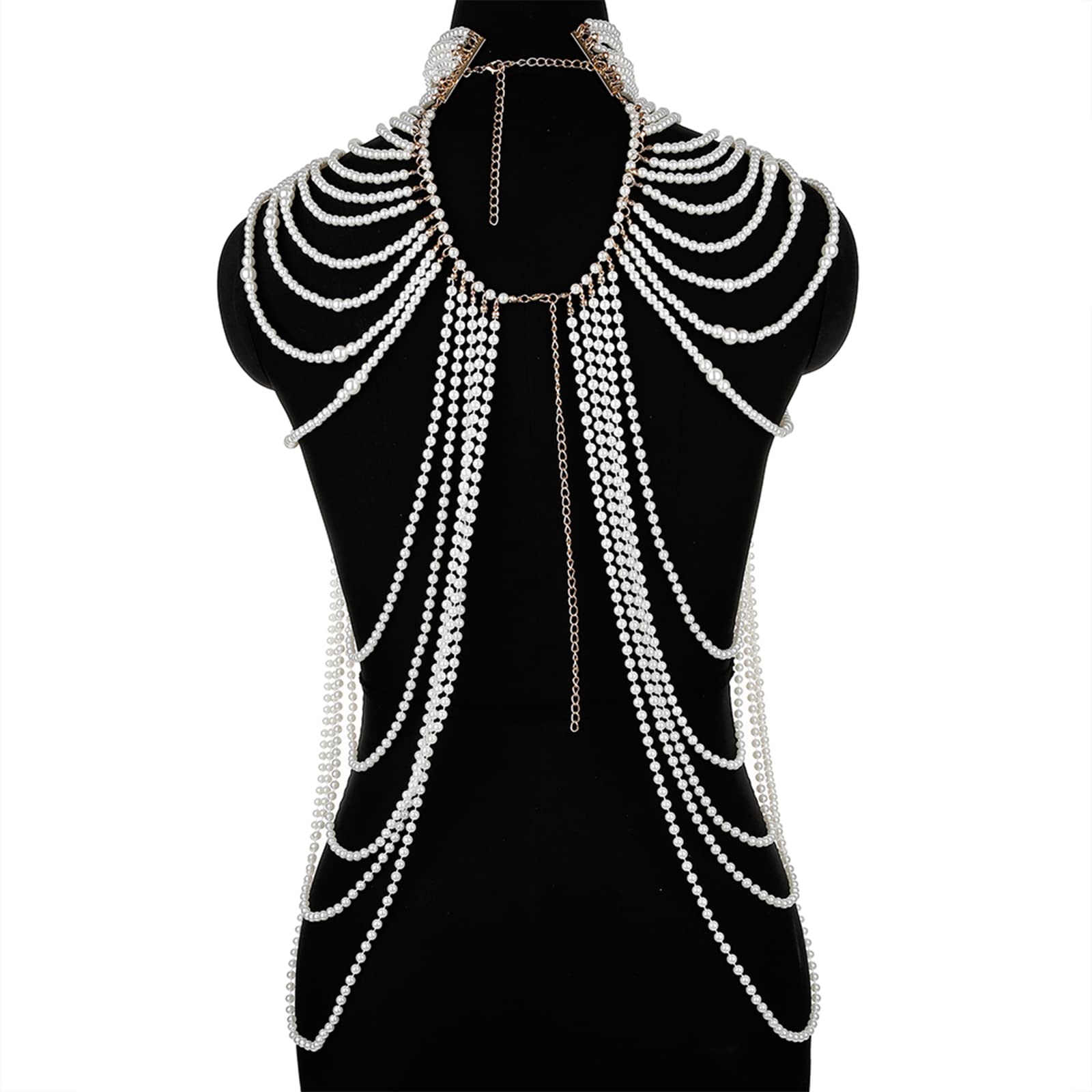 Collana con bavaglino di perle simulate multistrato per donna Collare con perline nappa in finta pelle con catena a tracolla Reggiseno Top Body Jewelry collana da donna in argento sterling lungo