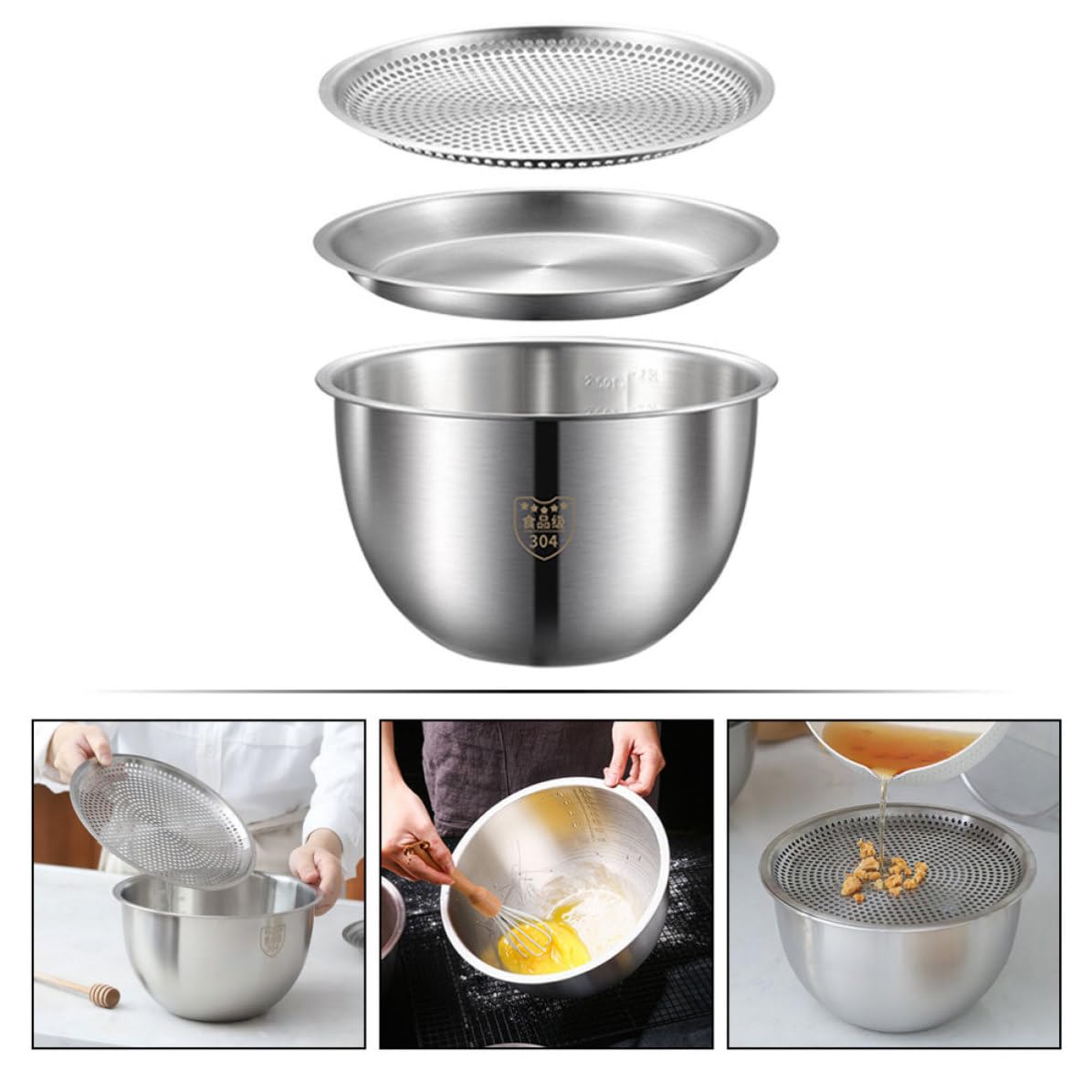 Juego de Colador y Tazón de Acero Inoxidable Plata para Verduras y Huevos | Base Plana, Diseño Antideslizante, Uso Doméstico, Práctico y Multifuncional