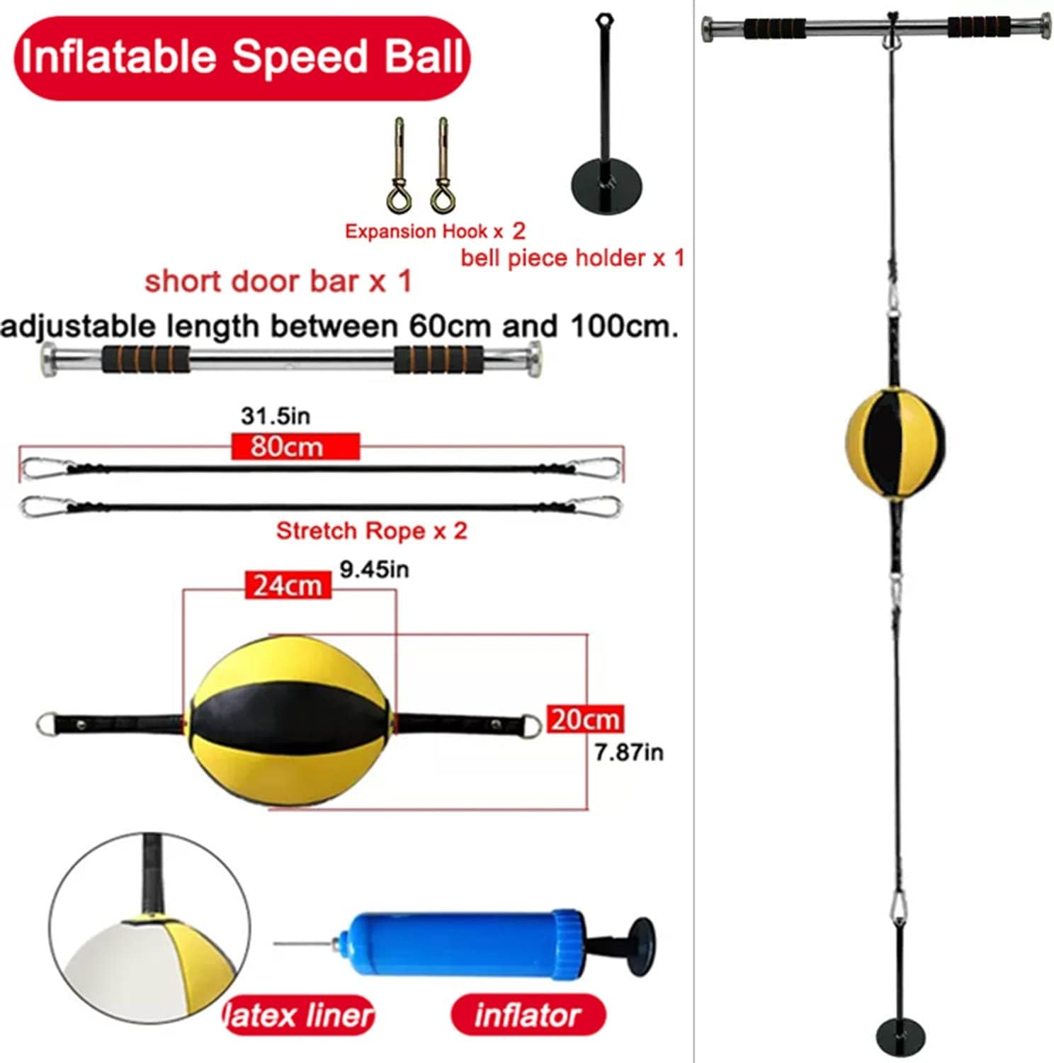 Double-End Punching Bags Wall Mount Boxing Bag Kit, Inflatable Reflex Bag, Speed Bag Hanging Boxing Equipment for Home Gym 32in Adjustable Cords, Stress Relief Exercise Equipment Boxing Striking