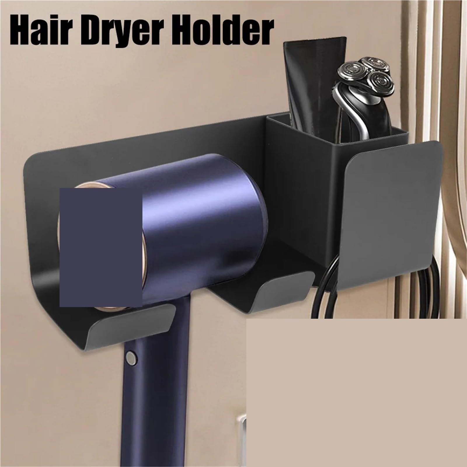 Soporte for secador de Pelo y Plancha, Estante de Almacenamiento Multifuncional, Organizador de secador de Pelo, Estante de Aluminio montado en la Pared para Baño，Barbería(Black Double Cup)