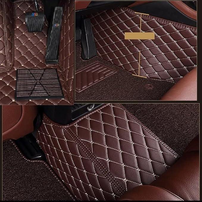 Image of 7D Car Floor Mat Compatible for La.n.d Ro.v.er Defender 5 Seater | Luxury Leatherette with Grass | Waterproof & Washable | Complete Set | Color - Coffee Beige
